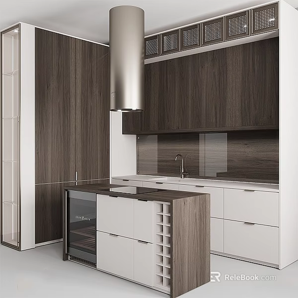 Modern Dark Wood Kitchen Interior With White Cabinets Island Built In Wine Rack And Appliances 3d model 