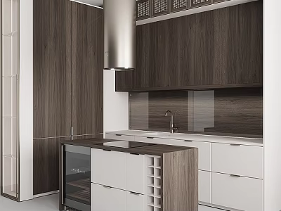 Modern Dark Wood Kitchen Interior With White Cabinets Island Built In Wine Rack And Appliances 3d model