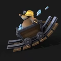 Cute Cartoon Bear Riding In Wooden Mine Cart With Hard Hat And Ice Cubes