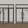 Double Glass Doors With Black Frame In Modern Interior With Wooden Floor And Green Plants