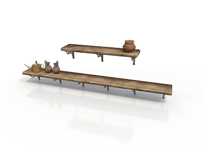 Rustic Wooden Wall Mounted Shelves With Clay Pots And Decorative Items 3d model
