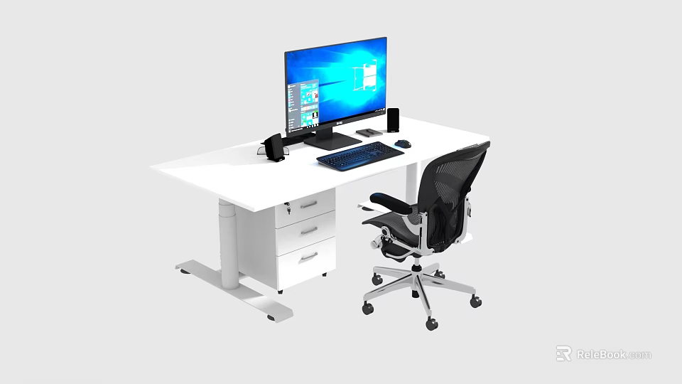 Modern Office Desk With Computer Monitor Keyboard Mouse Drawers And Mesh Chair 3d model 