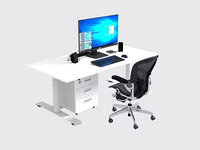 Modern Office Desk With Computer Monitor Keyboard Mouse Drawers And Mesh Chair 3d model