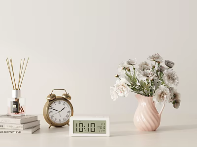 Decorative Ornament Set With Alarm Clock Digital Clock Pink Vase Flowers Aromatic Sticks And Books 3d model