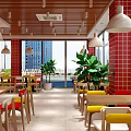 Bright Restaurant Interior With Red Brick Walls White Counter Hanging Pendant Lights And Colorful Chairs