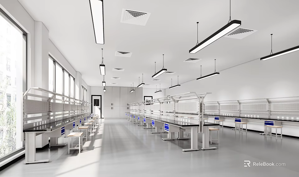 Modern Laboratory Interior Design With Long Workbenches Hanging Lights And Windows 3d model