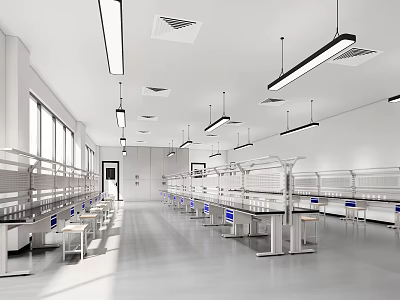 Modern Laboratory Interior Design With Long Workbenches Hanging Lights And Windows 3d model