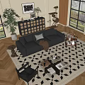 Modern Living Room Interior With Black Leather Sofa Geometric Rug And Green Plants
