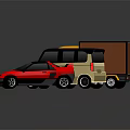 3D Rendered Cars Including Yellow Truck Beige Minivan And Red Sports Car
