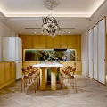 Modern Kitchen and Dining Room Interior With Marble Island Counter Chandelier Cabinets Herringbone Flooring