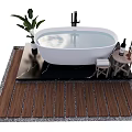 Freestanding White Bathtub With Water On Wooden Floor And Side Table With Green Plant
