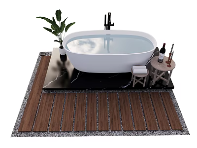 Freestanding White Bathtub With Water On Wooden Floor And Side Table With Green Plant 3d model