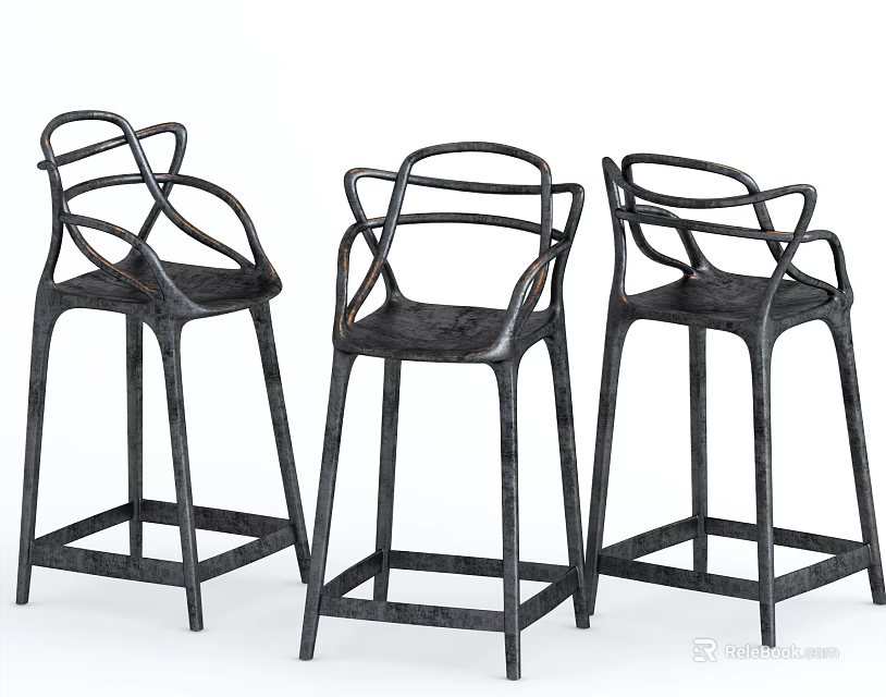 Black Modern Minimalist Bar Stools With Curved Armrests And Square Bases 3d model 
