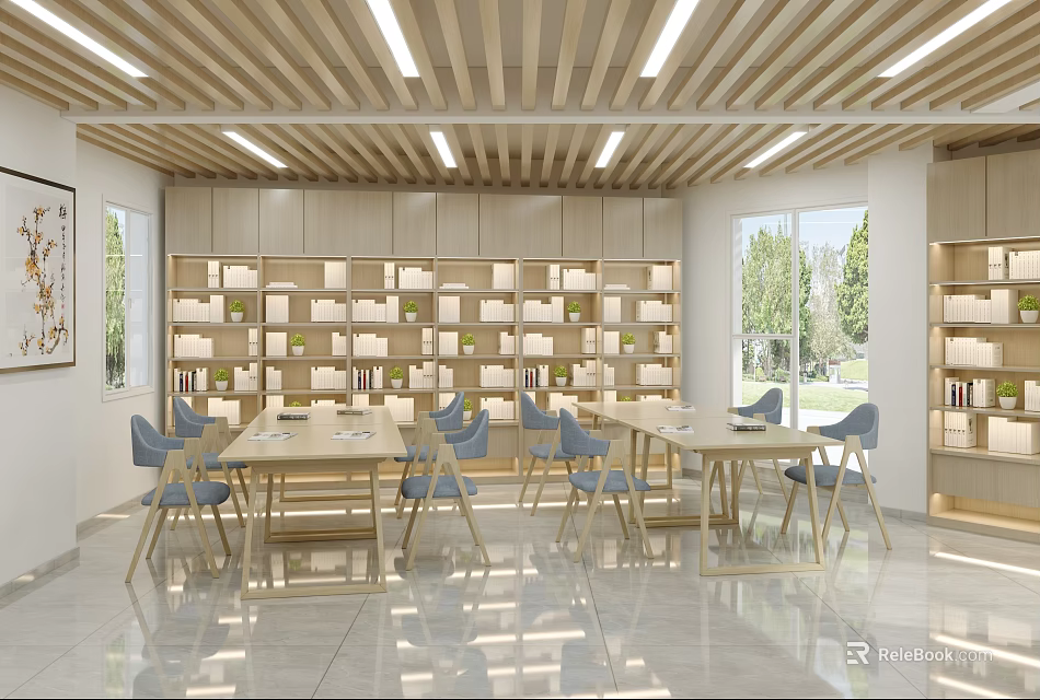 Bright Spacious Cultural Center Interior With Wooden Ceiling Bookshelves Tables And Chairs 3d model 