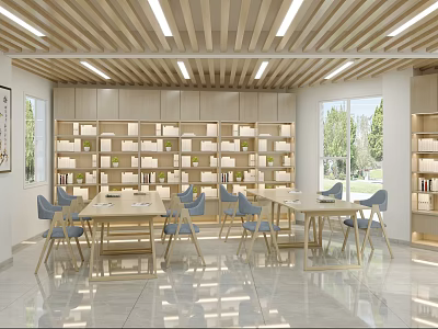 Bright Spacious Cultural Center Interior With Wooden Ceiling Bookshelves Tables And Chairs 3d model