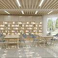 Bright Spacious Cultural Center Interior With Wooden Ceiling Bookshelves Tables And Chairs