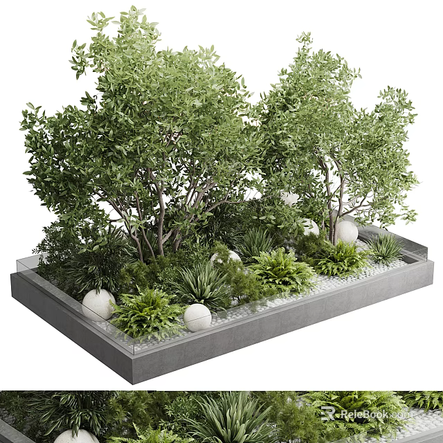 Lush Green Trees in Modern Rectangular Planter with Surrounding Shrubs and Decorative Stones 3d model