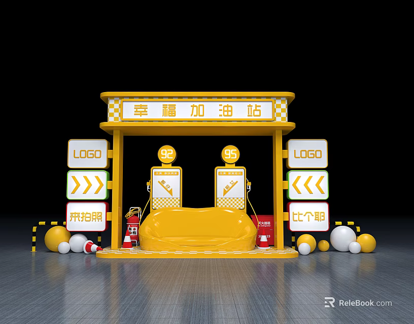 Yellow Happy Gas Station Scene With Fuel Dispensers Direction Signs And Safety Barrels 3d model 