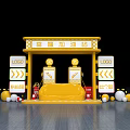 Yellow Happy Gas Station Scene With Fuel Dispensers Direction Signs And Safety Barrels