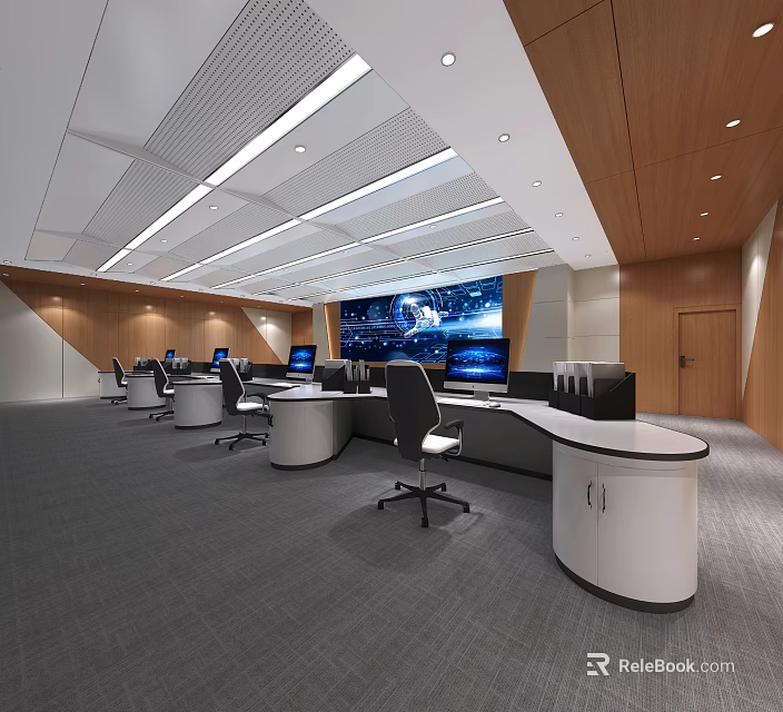 Modern Control Room Interior With Multiple Monitoring Screens Workstations And Office Chairs 3d model 