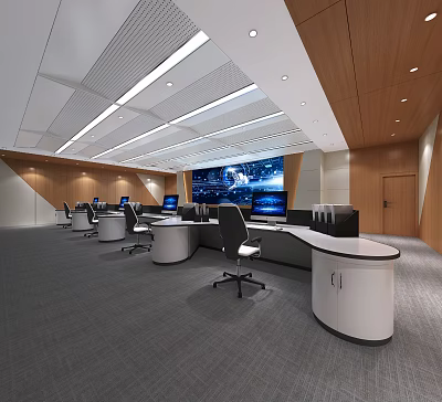 Modern Control Room Interior With Multiple Monitoring Screens Workstations And Office Chairs 3d model