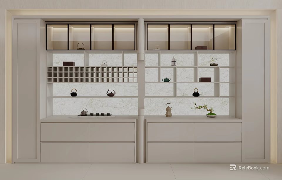 Modern White Curio Shelves Interior Design With Glass Fronted Compartments Tea Sets And Drawers 3d model 