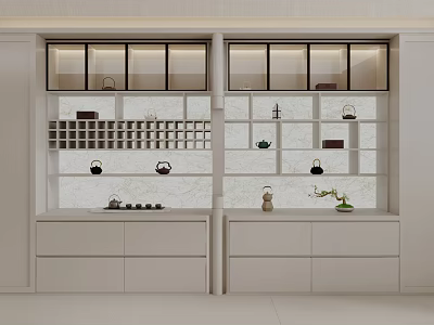 Modern White Curio Shelves Interior Design With Glass Fronted Compartments Tea Sets And Drawers 3d model