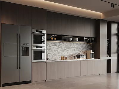 Modern Kitchen Interior With Dark Cabinets Marble Countertop And Appliances 3d model