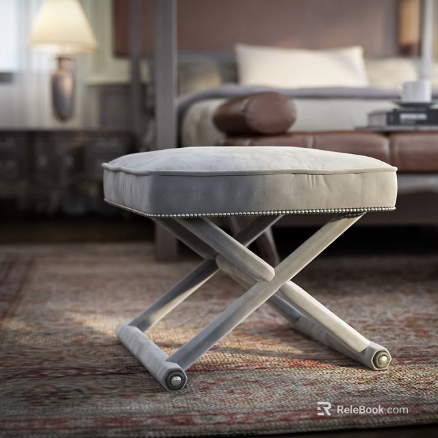 Gray Upholstered Stool With X Shaped Legs And Rolling Wheels On Carpet 3d model 