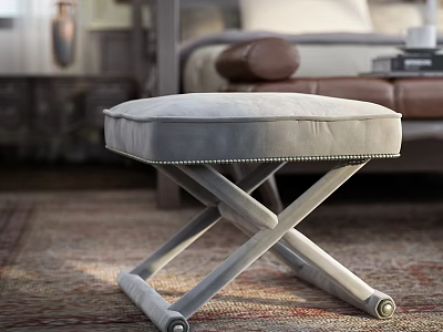 Gray Upholstered Stool With X Shaped Legs And Rolling Wheels On Carpet 3d model