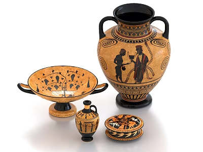 Classical Greek Ceramic Vessels Including Amphora Kylix Jug And Decorative Plate With Figural Designs 3d model