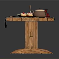 Natural Wooden Dining Table Setting With Fresh Fruit Plate Teapot Cup Napkin And Utensils