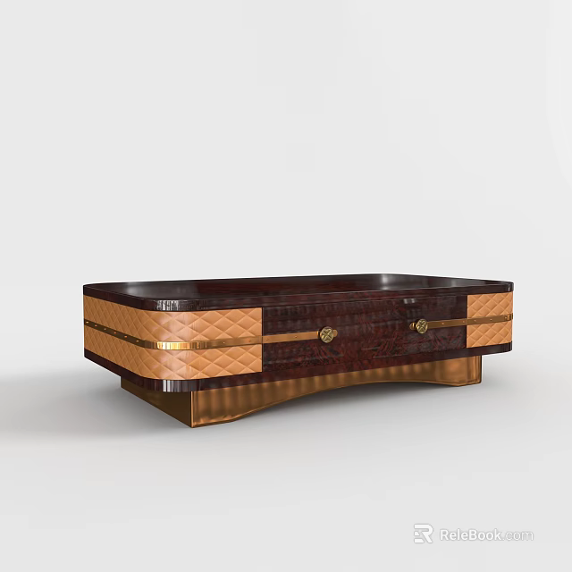 Elegant Dark Wood Coffee Table With Gold Diamond Pattern And Metal Accents 3d model 