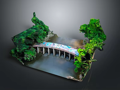 Detailed 3D Landscape Model With Bridge Green Vegetation And Water Area 3d model