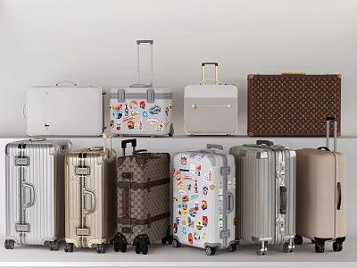 Diverse Travel Suitcases Collection with Various Colors Materials Stickers and Rolling Hard Shells 3d model