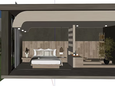 Modern Hotel Guest Room Interior With Wooden Wall Bed And Decorative Lighting 3d model