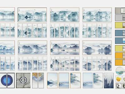 Chinese Ink Landscape Paintings Featuring Various Mountain Water Designs And Color Palette 3d model