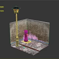 Urban Street Corner Scene With Brick Wall Street Lamp Trash Can Weeds And Stone Pavement