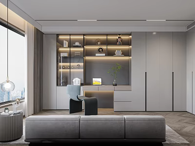 Modern Study Room With Built in Shelves Desk And Sofa 3d model