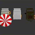 Three Different Lifeguard Stools With Red White Striped Umbrella And Lifebuoy