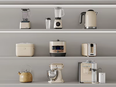 Modern Kitchen Shelves With Beige Blender Kettle Rice Cooker Toaster And Mixer 3d model