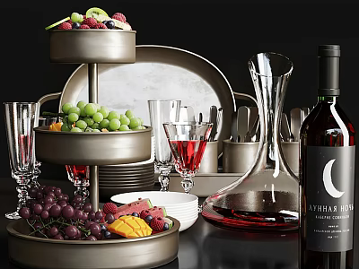 Elegant Metal Kitchenware Set With Tiered Fruit Stand Glassware Wine Bottle And Decanter 3d model