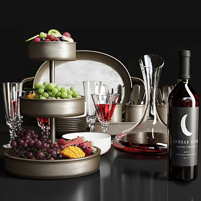 Elegant Metal Kitchenware Set With Tiered Fruit Stand Glassware Wine Bottle And Decanter 3d model