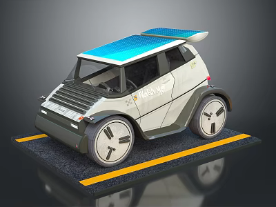 Urban Concept Car Featuring Blue Roof Unique Wheel Design on Platform with Yellow Lines 3d model