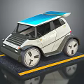 Urban Concept Car Featuring Blue Roof Unique Wheel Design on Platform with Yellow Lines