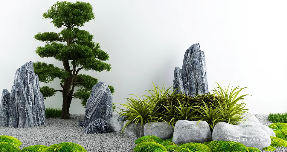 Traditional Zen Karesansui Garden With Pine Tree Rock Formations Gravel And Greenery 3d model 