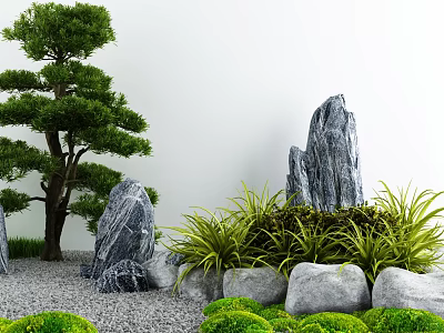 Traditional Zen Karesansui Garden With Pine Tree Rock Formations Gravel And Greenery 3d model
