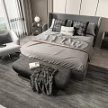 Modern Double Bed With Gray Bedding Bedside Tables Bench And Window View 3d model