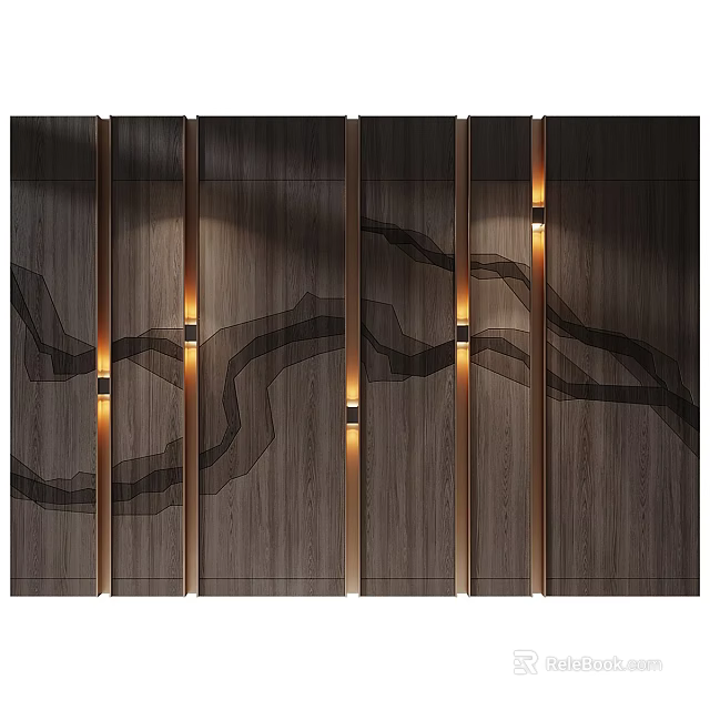 Modern Wooden Feature Wall With Wavy Lines And Recessed Lighting 3d model 