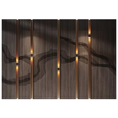 Modern Wooden Feature Wall With Wavy Lines And Recessed Lighting 3d model